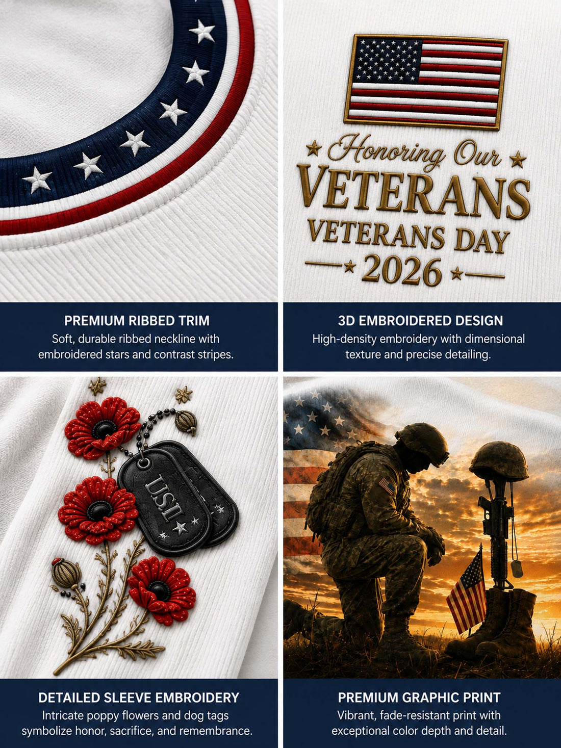 A white long-sleeve crewneck sweatshirt with patriotic red, white, and blue trim, featuring a large graphic print of a kneeling soldier and a helmet on a battlefield at sunset, with 'Veterans Day 2026' text and floral details on the sleeves.