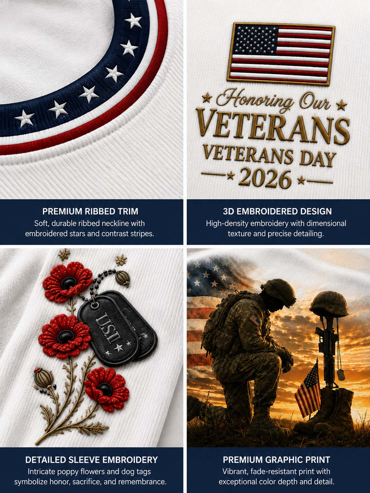 Four-panel product detail collage for a white embroidered shirt. Top-left shows a close-up of a ribbed neckline with navy, red, and white stripes and white stars.