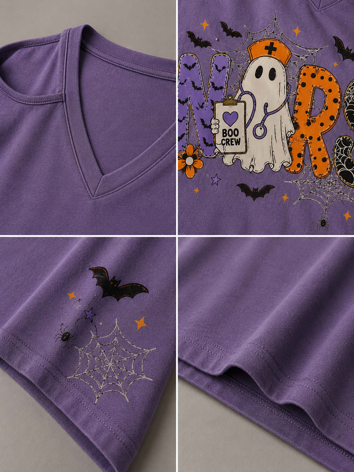 A purple V-neck T-shirt shown in a four-panel detail collage. The top-right panel shows a Halloween graphic with a white ghost, orange spider, black bats, stars, and the word 'BOO CREW'.