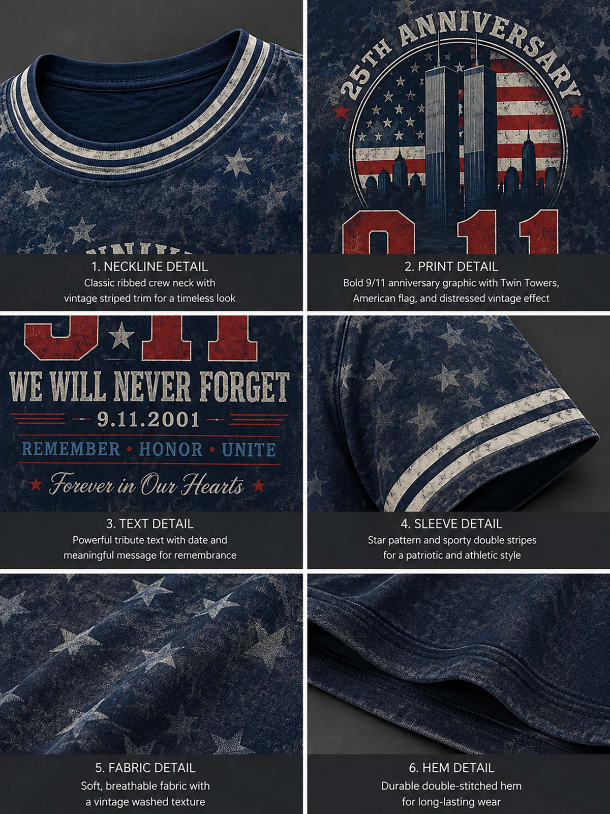 A six-panel collage showing details of a navy blue 9/11 memorial t-shirt. The panels highlight the ribbed crew neck, a vintage-style American flag and Twin Towers graphic with '25th Anniversary' text, 'We Will Never Forget' text, a star-patterned sleeve, textured fabric, and the hem.