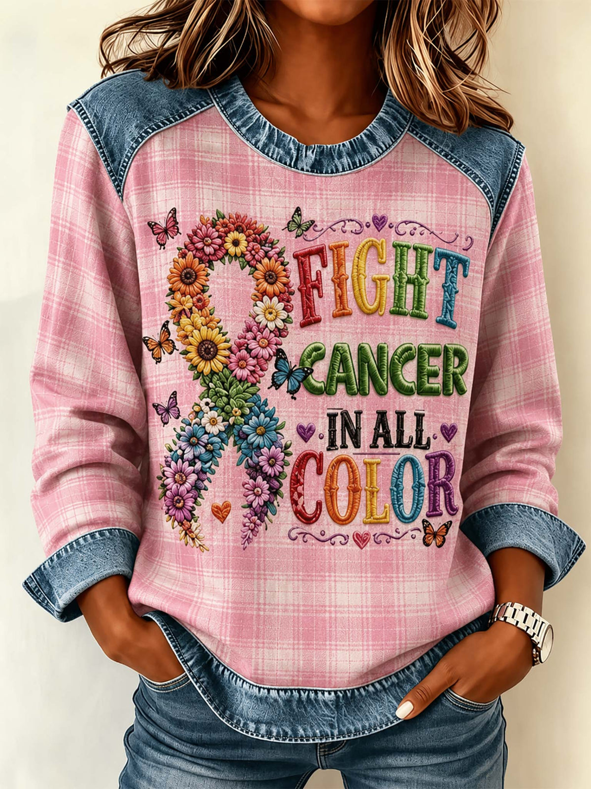 Breast Cancer Awareness Fight Cancer In All Color Women's Crew Neck Sweatshirt