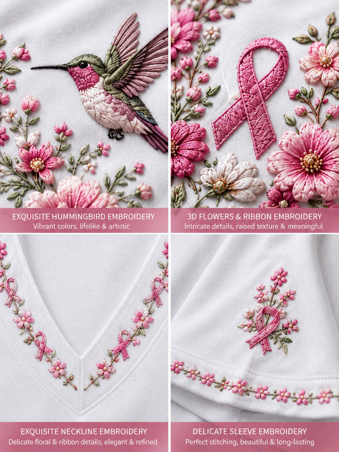 A woman wearing a white cold-shoulder V-neck top with a pink ribbon and floral heart design, paired with dark blue jeans.