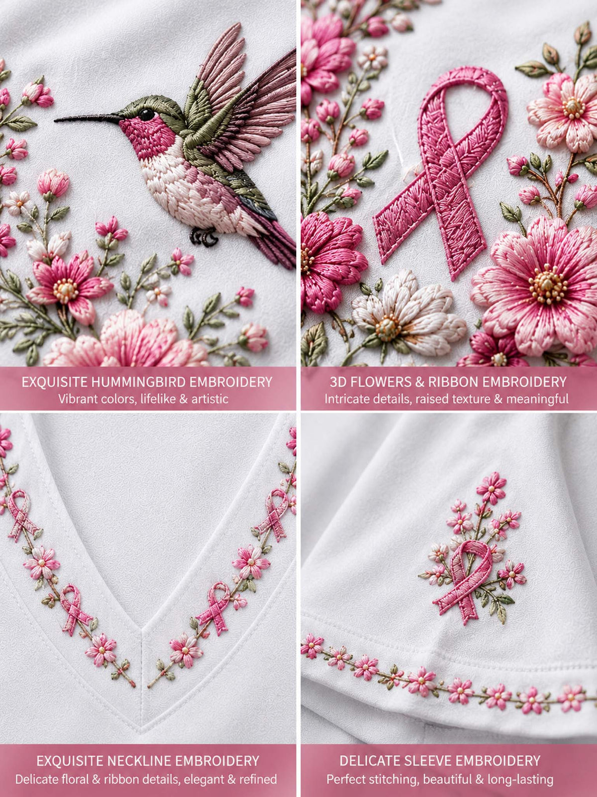 Four-panel close-up collage of white embroidered clothing details, showing a pink and green hummingbird, pink 3D flowers and ribbon embroidery, floral neckline trim, and sleeve floral embroidery.