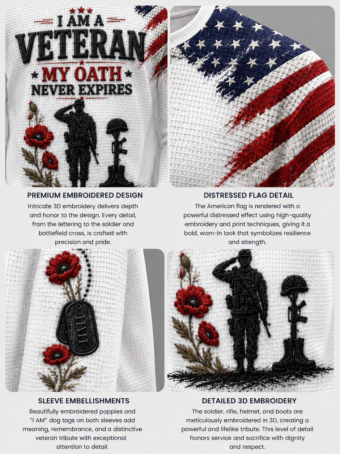 A white waffle-knit crewneck sweatshirt featuring a patriotic veteran graphic. The design includes a distressed American flag on the right shoulder, red poppy flowers, black dog tags, a soldier silhouette, a helmet, and the text 'I AM A VETERAN MY OATH NEVER EXPIRES'.