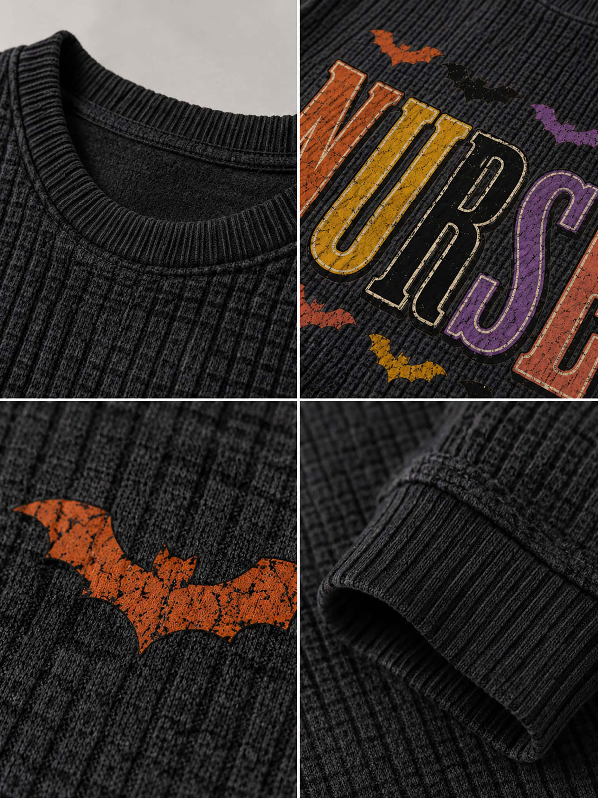 A close-up collage of a dark charcoal ribbed knit sweater showing the crew neck, a colorful 'NURSE' graphic with bat motifs, a rust-orange bat patch, and the ribbed cuff.