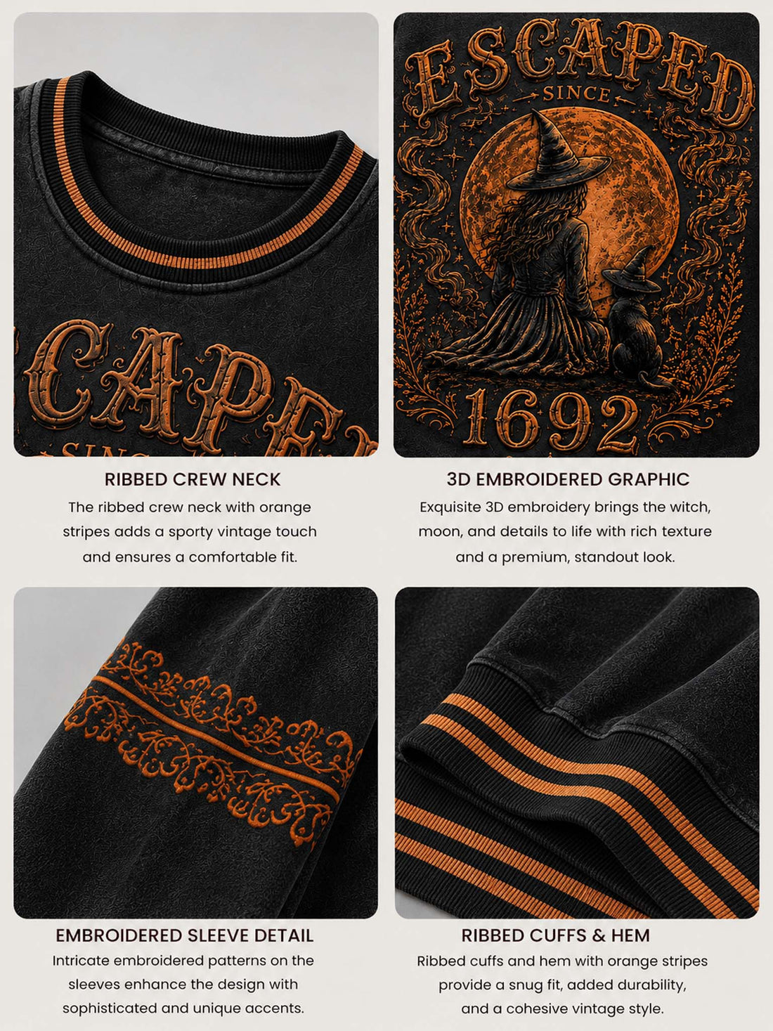 A dark charcoal gray crewneck sweatshirt with a distressed orange-brown Halloween graphic featuring a witch, cat, full moon, and the text 'ESCAPED SINCE 1692'. The sweatshirt is styled on a wooden hanger with frayed blue denim shorts against a rustic wooden background with a 'Witches Beware' sign.