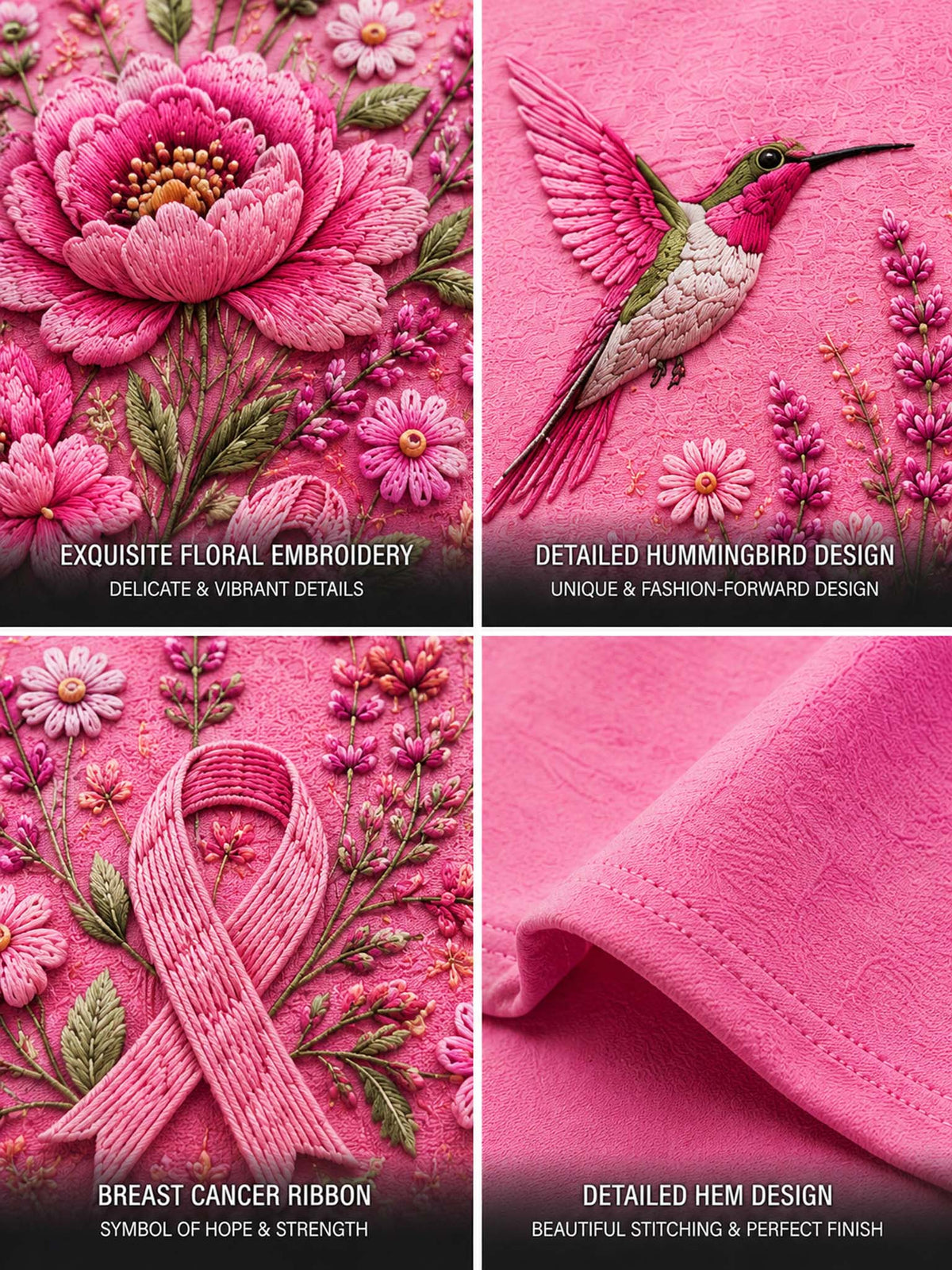 A four-panel collage showcasing embroidered fabric designs on a pink textile background. The top-left panel shows a large pink floral embroidery with text reading 'EXQUISITE FLORAL EMBROIDERY'.