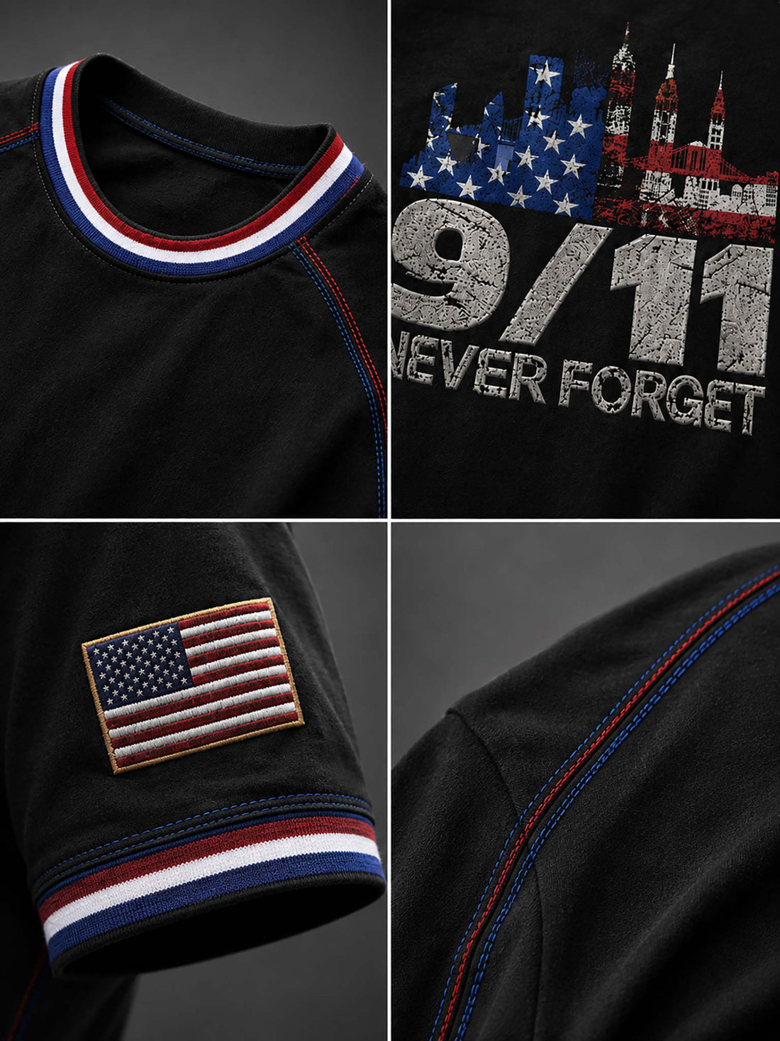 A black short-sleeve t-shirt with a distressed patriotic graphic on the front featuring the New York City skyline, the text '9/11 NEVER FORGET', and American flags on both sleeves, shown against a dark gray background.