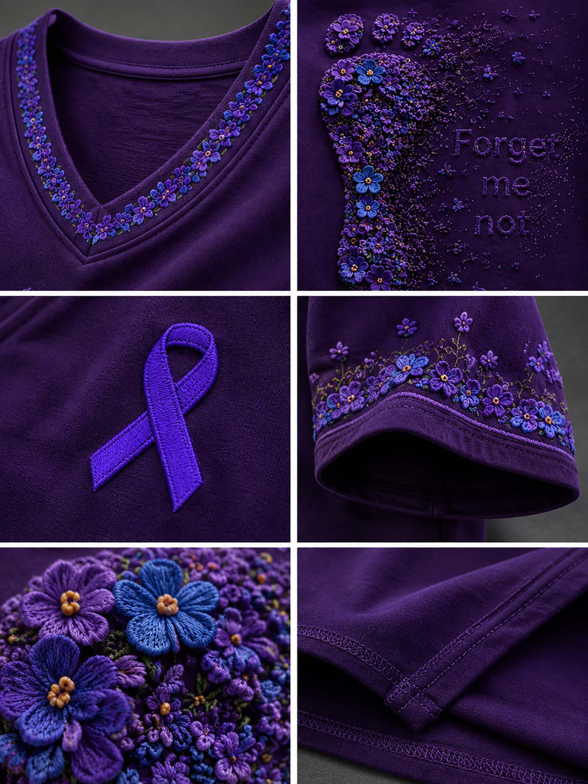 A six-panel collage showing close-up details of a dark purple garment, likely a shirt or top, featuring embroidered floral patterns in blue and purple around the neckline and hem, a purple awareness ribbon motif, textured flower appliqué, and the words 'Forget me not' stitched on one panel.