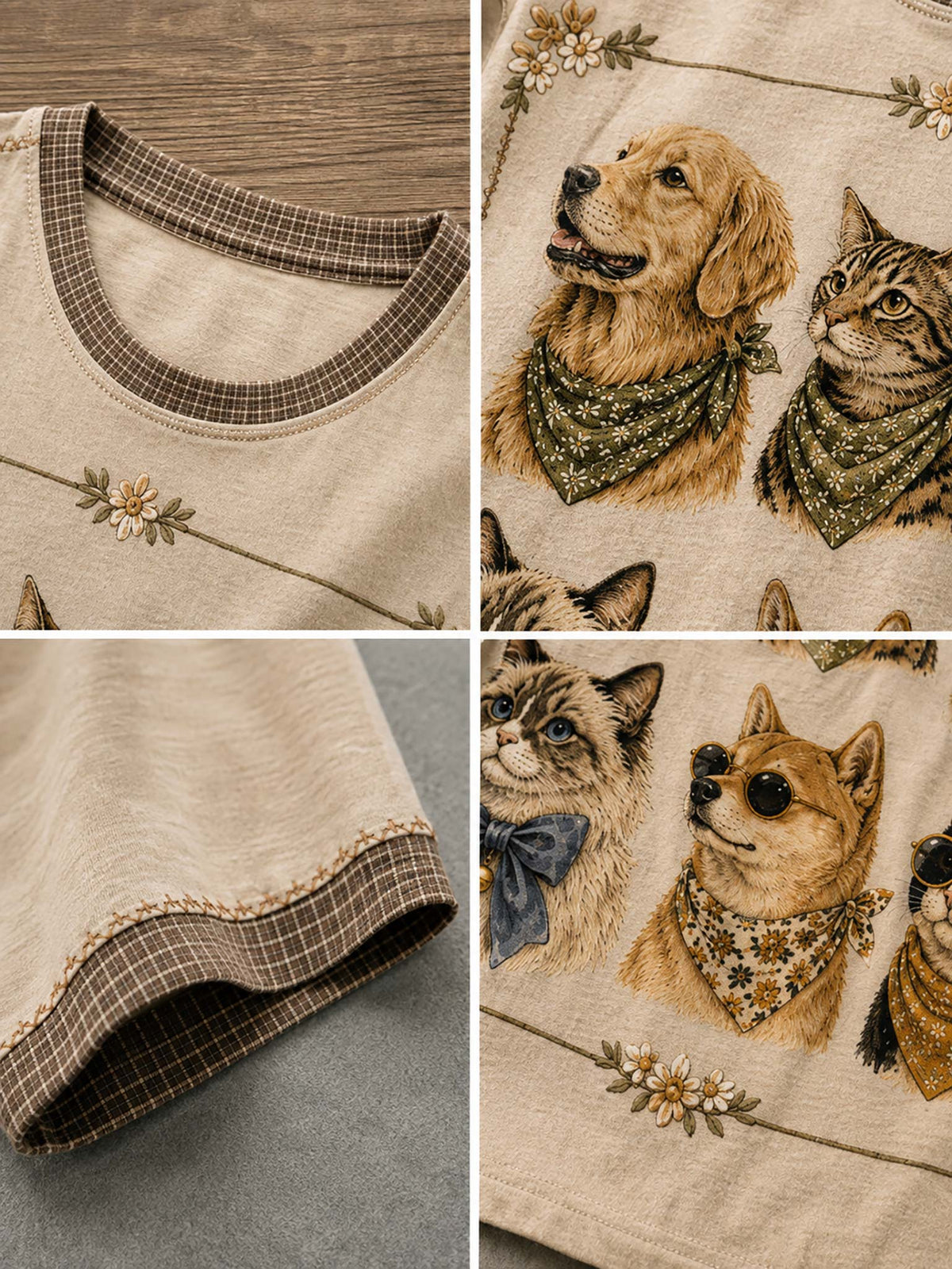 A beige cotton t-shirt with a brown plaid trim and a detailed print of various dogs and cats wearing bandanas, shown in a four-panel detail collage.