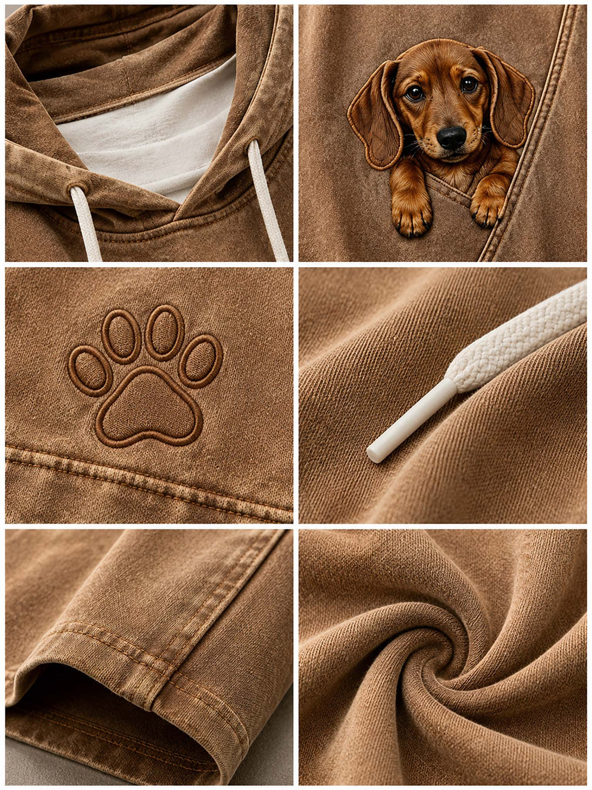 A six-panel close-up collage of a brown hooded sweatshirt, showing the hood with white drawstrings, a printed dachshund face on the chest, an embroidered paw print on the sleeve, a close-up of the drawstring, and fabric texture details.