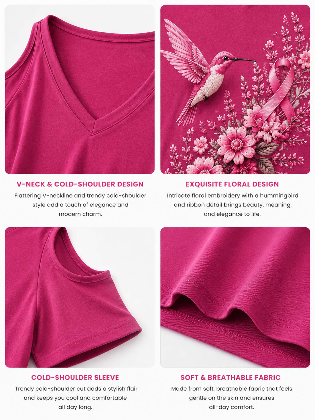 A woman wearing a bright pink cold-shoulder V-neck top with a graphic print of a pink hummingbird, pink ribbon, and pink flowers, paired with dark blue jeans.