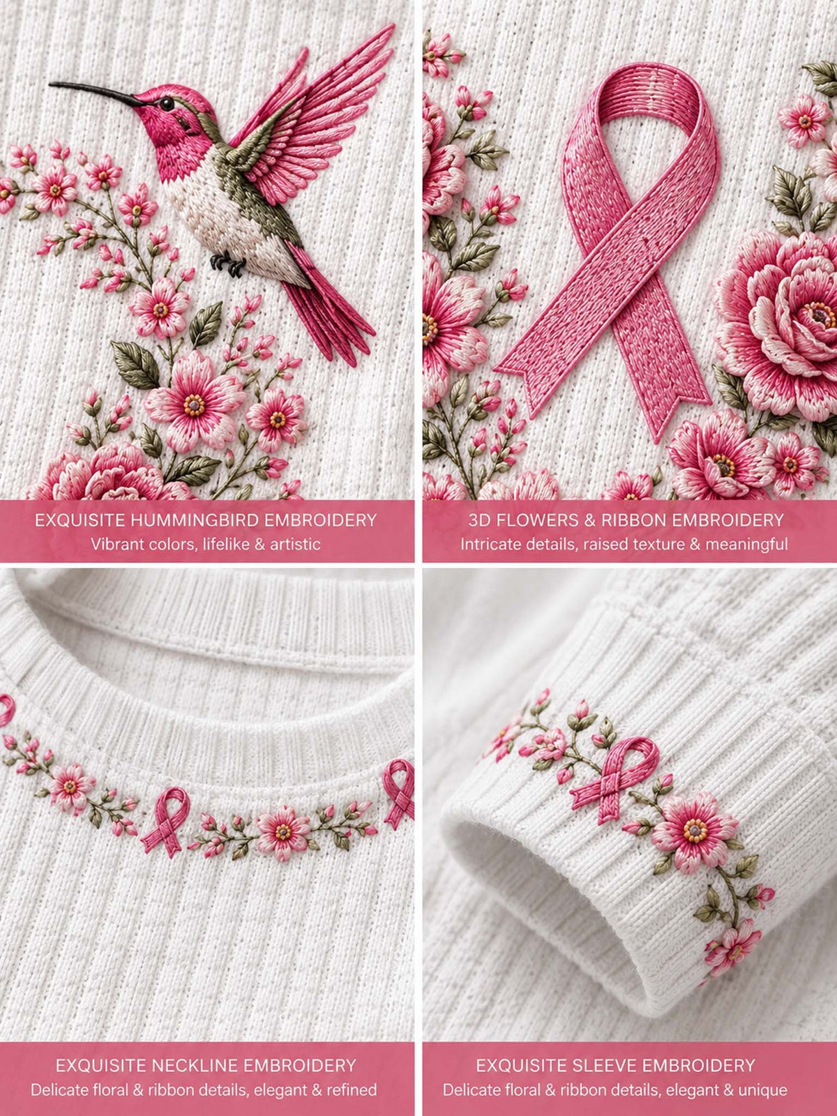 Four-panel close-up collage of a white knit garment featuring pink floral embroidery and a pink ribbon motif. The top panels show a hummingbird and 3D floral/ribbon embroidery, while the bottom panels show the matching embroidery around the neckline and sleeve.