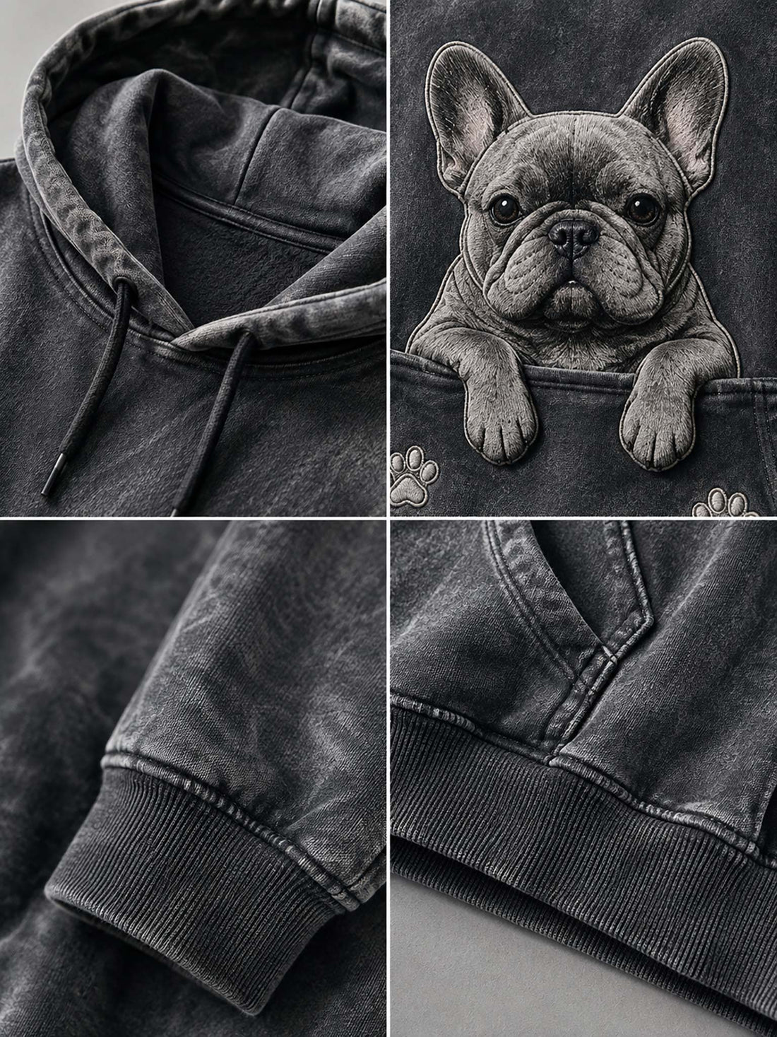 A dark gray mineral-wash hoodie with a detailed graphic of a French Bulldog peeking out of the front kangaroo pocket, styled with denim shorts on a rustic wooden plank background.