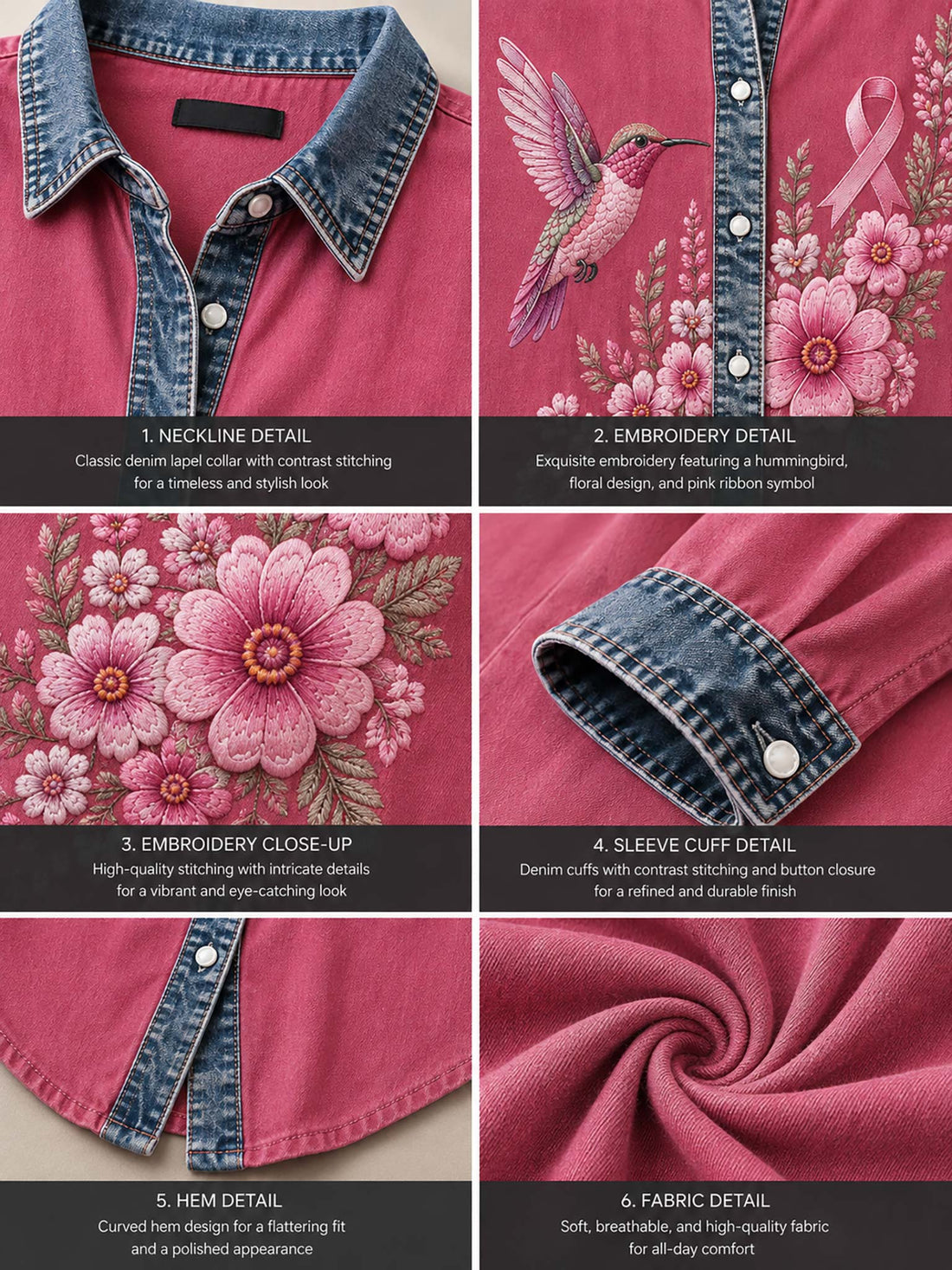 A woman wearing a pink button-up shirt with a denim collar and cuffs, decorated with a pink ribbon, a hummingbird, and pink flowers. She is also wearing dark wash jeans and a silver watch.