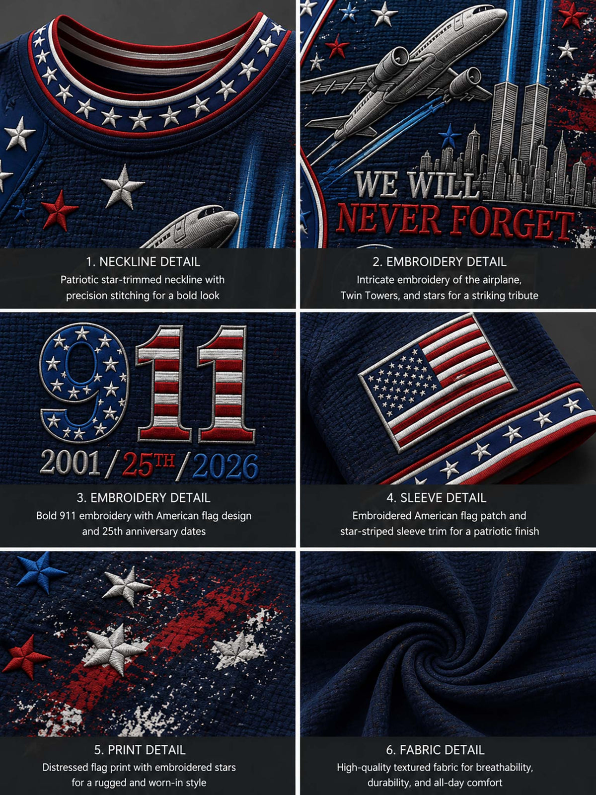 A six-panel product detail collage showing close-ups of a navy blue patriotic memorial shirt. The panels highlight the neckline, airplane and city skyline embroidery with the text 'WE WILL NEVER FORGET,' the '911 2001/25/2026' embroidery, sleeve cuff details, distressed flag print, and textured fabric.