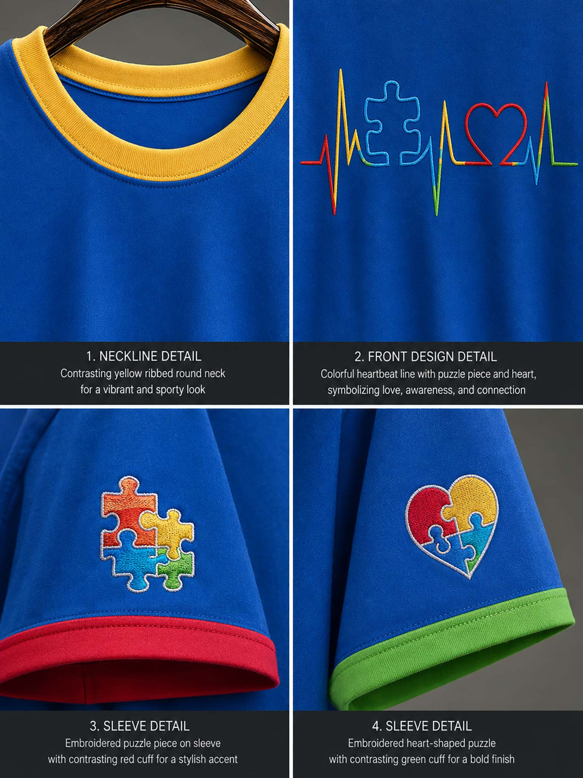 Four-panel close-up collage of a royal blue short-sleeve t-shirt with yellow, red, and green accents. The panels detail the contrasting yellow ribbed neck, a colorful heart-and-puzzle line graphic on the chest, an embroidered multicolor puzzle-piece heart on the sleeve, and a green ribbed cuff.