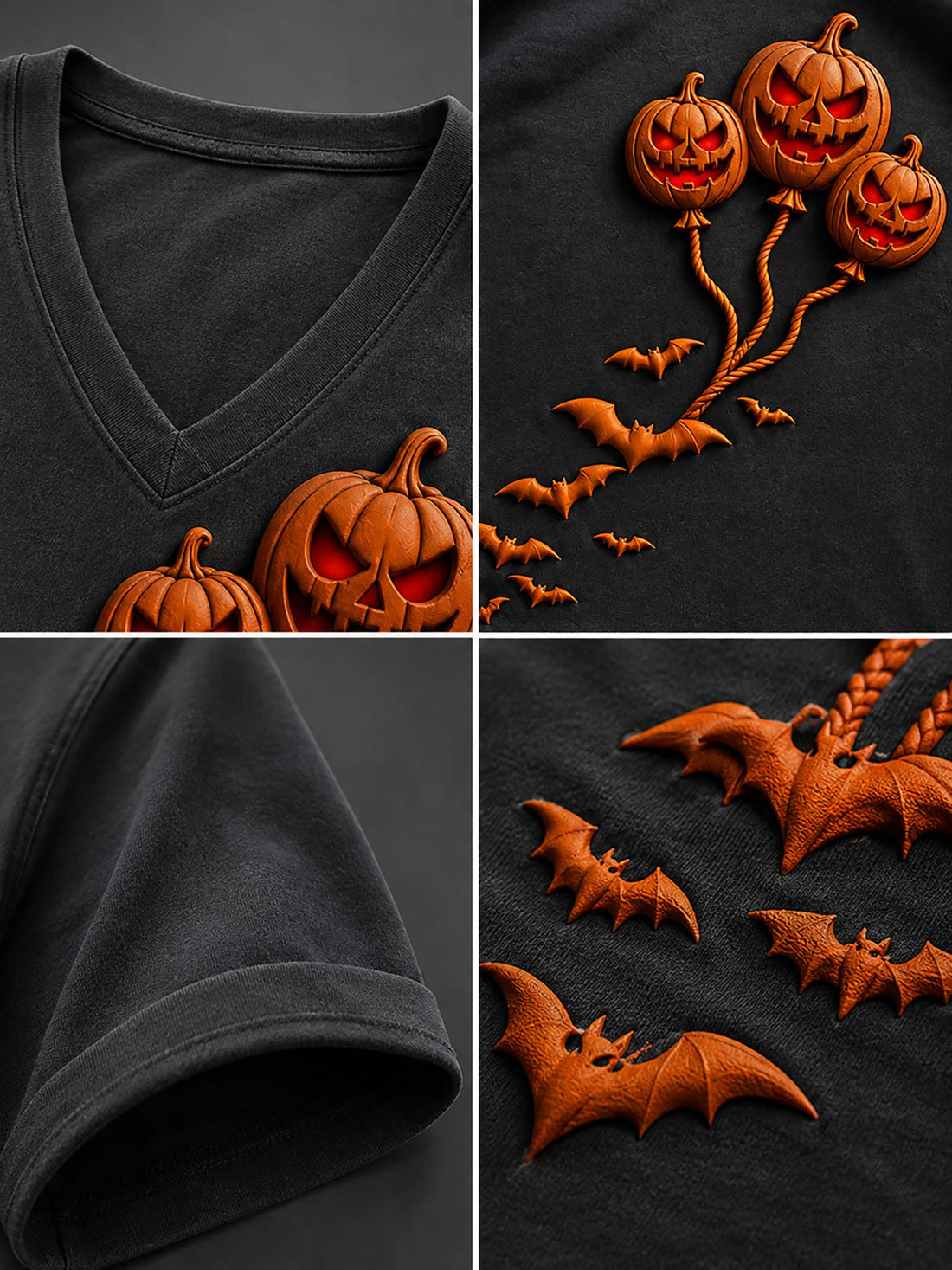 A dark charcoal gray V-neck t-shirt with a 3D-effect graphic of three glowing jack-o'-lantern balloons and flying bats, styled on a wooden hanger with distressed denim shorts against a dark gray background.