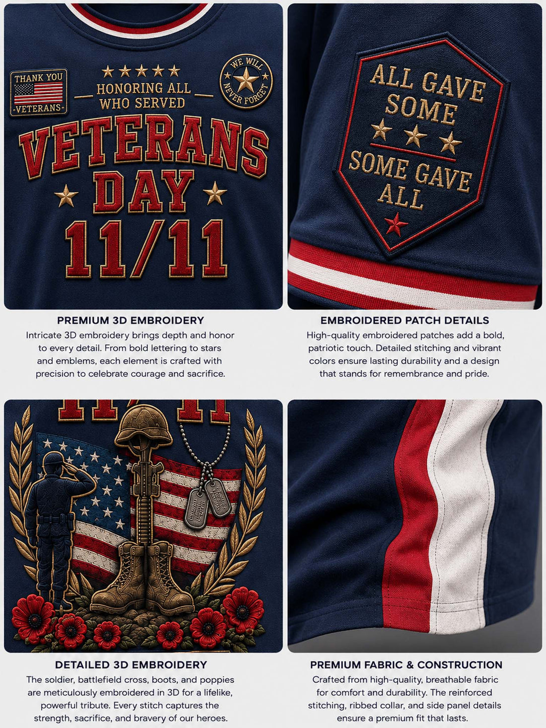 A navy blue short-sleeve t-shirt with a detailed Veterans Day 11/11 graphic on the front, featuring red and white text, a military helmet and rifle, soldiers, and an American flag. The shirt has red, white, and blue trim and graphic patches on the sleeves, shown against a neutral gray background.