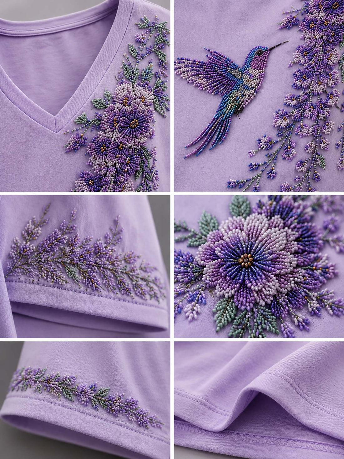 A woman wearing a lavender V-neck top with intricate beaded floral and hummingbird embroidery, paired with distressed blue jeans and holding a woven clutch.