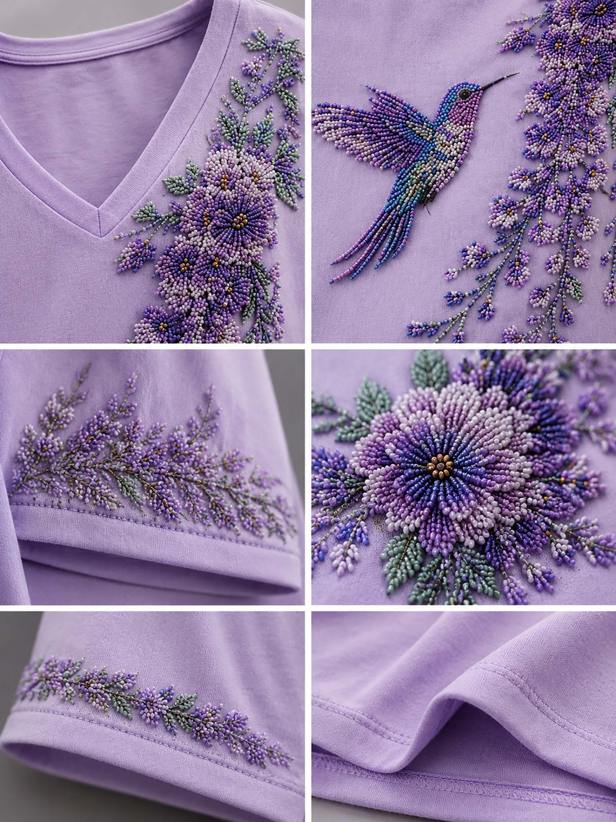 A lavender purple V-neck t-shirt featuring intricate beaded floral and hummingbird embroidery, shown in a six-panel collage highlighting different details of the design.