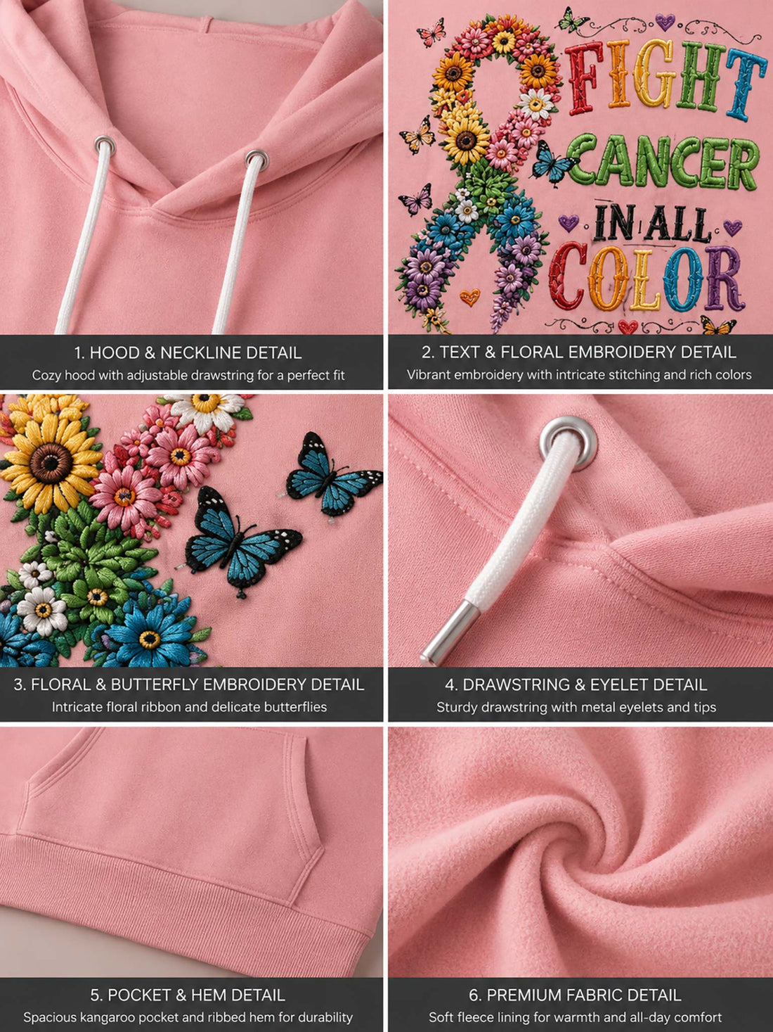 A person wearing a light pink oversized hoodie with a colorful 'FIGHT CANCER IN ALL COLORS' graphic and a floral ribbon design, paired with distressed denim jeans in an indoor setting.