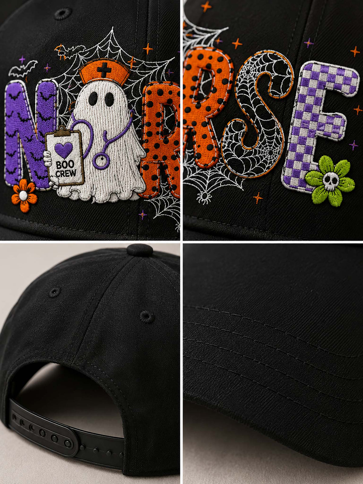 A black baseball cap shown in a four-panel collage, featuring Halloween-themed embroidered lettering and graphics. The top two panels show close-ups of the front embroidery, including purple and orange letters, a white ghost with a nurse hat and stethoscope, spiderwebs, stars, and a small green flower.
