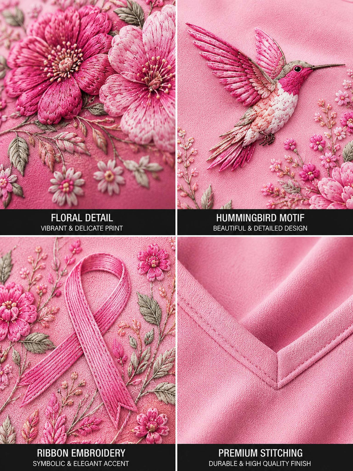 Four-panel close-up collage of pink embroidered fabric showing floral details, a hummingbird motif, a pink ribbon embroidery, and a V-neck area with premium stitching. Text labels describe the print and finish.