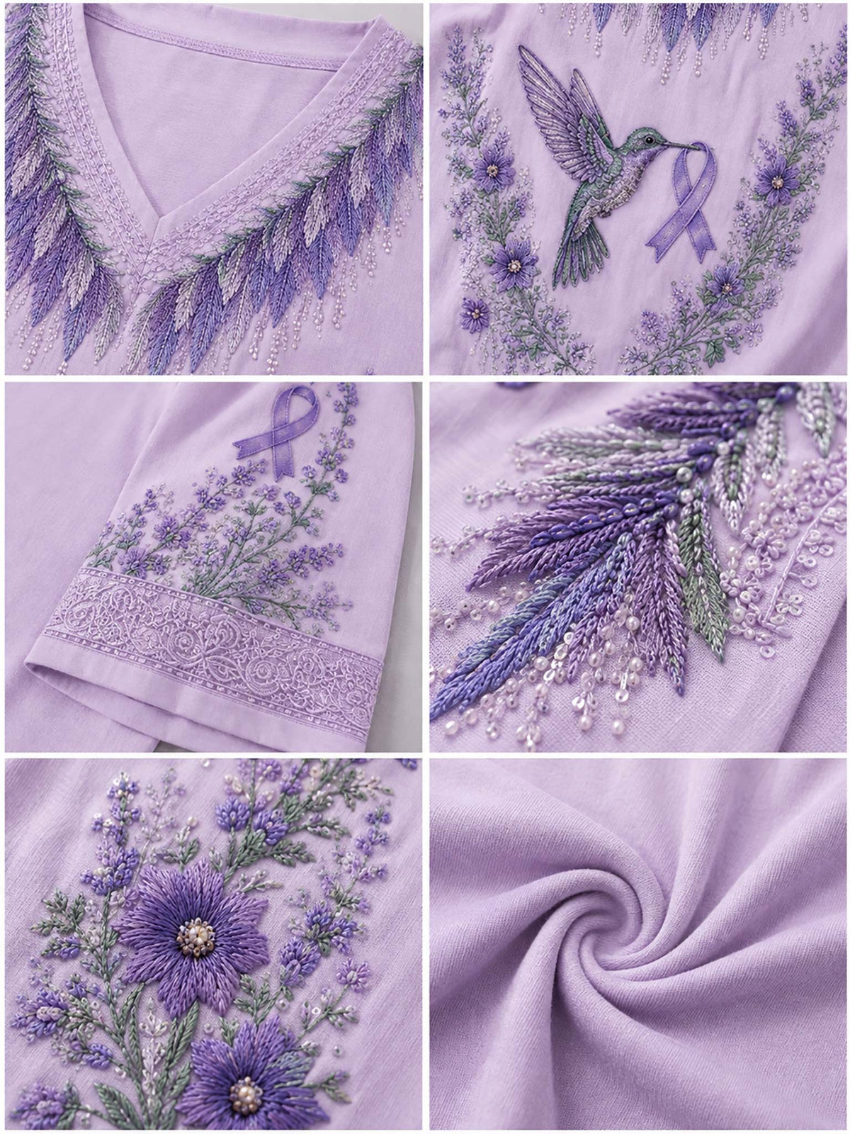 A six-panel collage showing close-up views of lavender-purple embroidered fabric, including floral embroidery, a hummingbird with a ribbon motif, lace trim, and a fabric swirl to demonstrate drape.