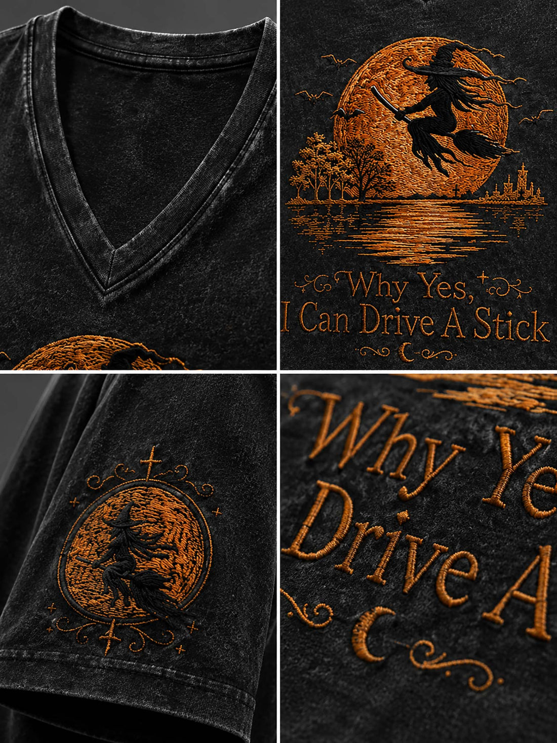 A dark gray washed V-neck t-shirt with a Halloween graphic of a witch riding a broomstick in front of a full moon, displayed on a wooden hanger with distressed denim shorts against a dark gothic background.