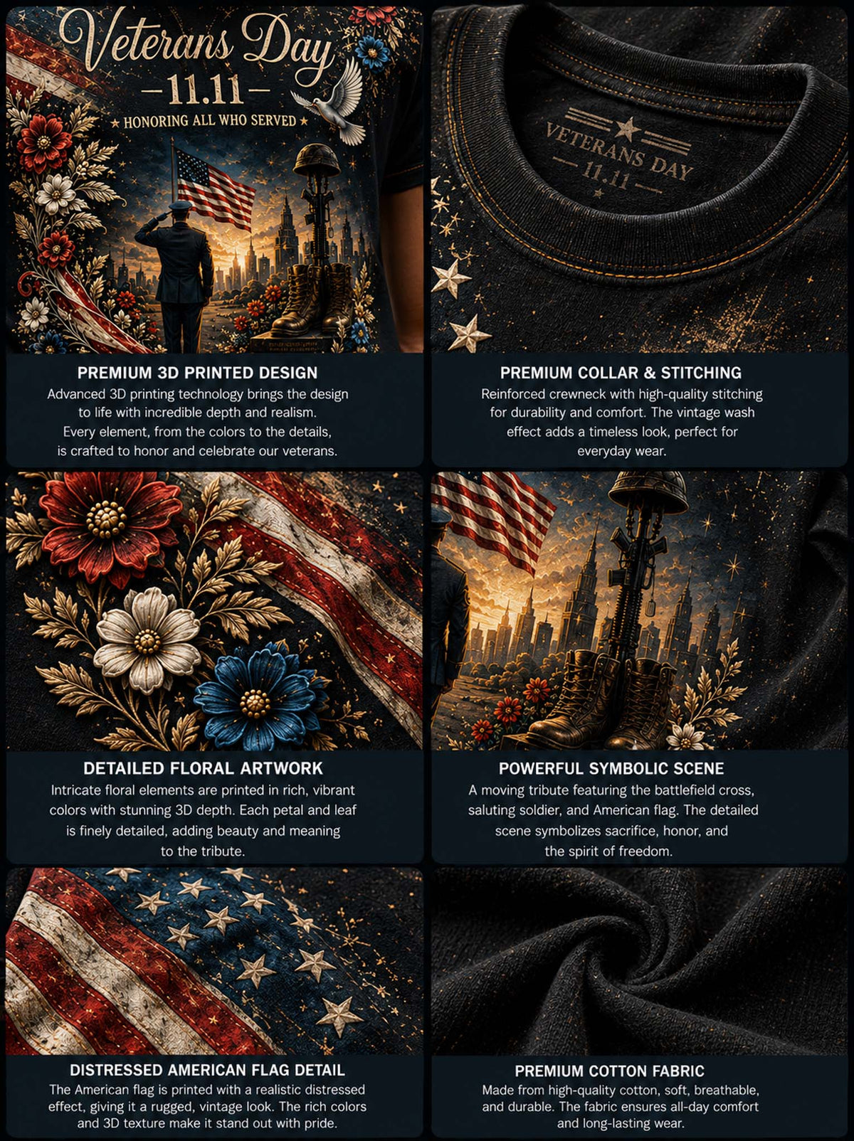 A six-panel promotional collage showing a Veterans Day t-shirt design from multiple angles. The panels highlight premium 3D printed graphics, a detailed floral artwork with red, white, and blue flowers, a distressed American flag print, a powerful symbolic scene with the US flag and saluting soldiers, and premium black cotton fabric with a reinforced crew neck.
