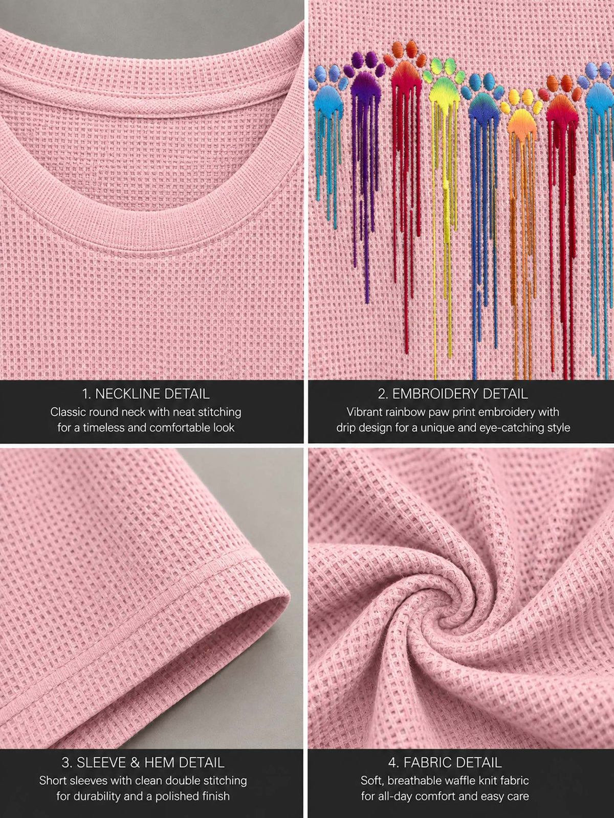 Four-panel close-up collage of a light pink waffle-knit garment, showing the neckline, colorful embroidered drip detail across the chest, sleeve and hem construction, and fabric texture. Text labels describe each detail.