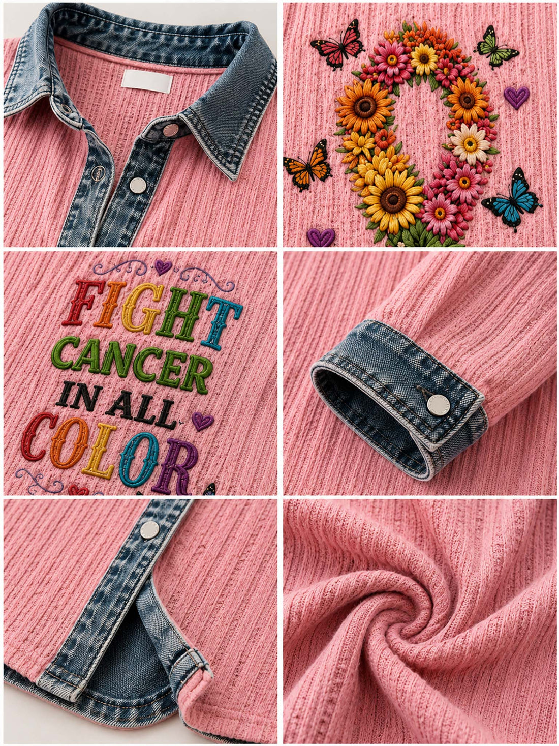 A woman wearing a pink long-sleeve button-up shirt with a denim collar and cuffs, featuring a colorful floral ribbon design on the left side and the text 'FIGHT CANCER IN ALL COLOR' on the right side.