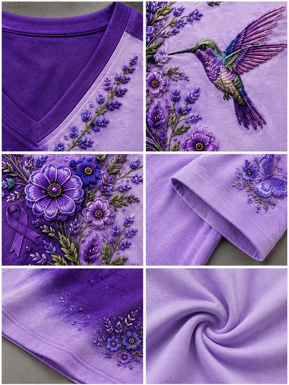 A woman wearing a purple and lavender V-neck t-shirt with a floral and hummingbird graphic, paired with blue jeans, against a neutral gray background.