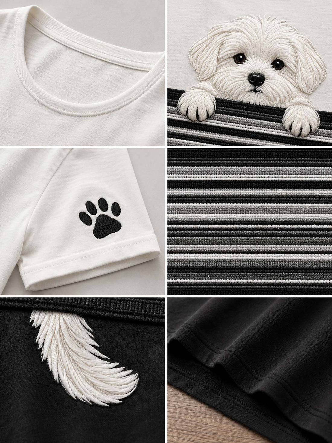 White t-shirt with a dog graphic and black stripes, worn with denim shorts, on a wooden background.
