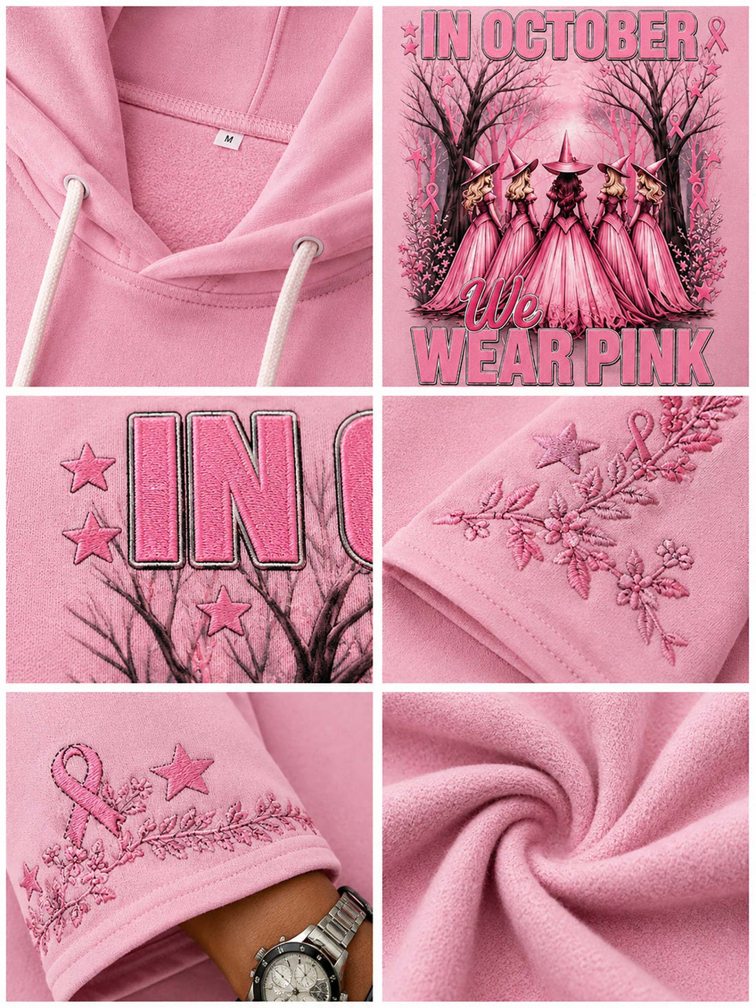 A pink pullover hoodie with a graphic print on the front that reads 'IN OCTOBER WE WEAR PINK' with a stylized pink cathedral and rose details, worn by a model.