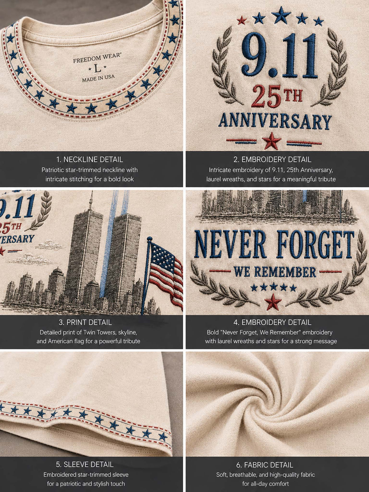A six-panel product detail collage showing a beige or cream t-shirt fabric with patriotic 9/11 Anniversary embroidery. The panels detail the neckline trim with star-stitching, the front chest embroidery reading '9.