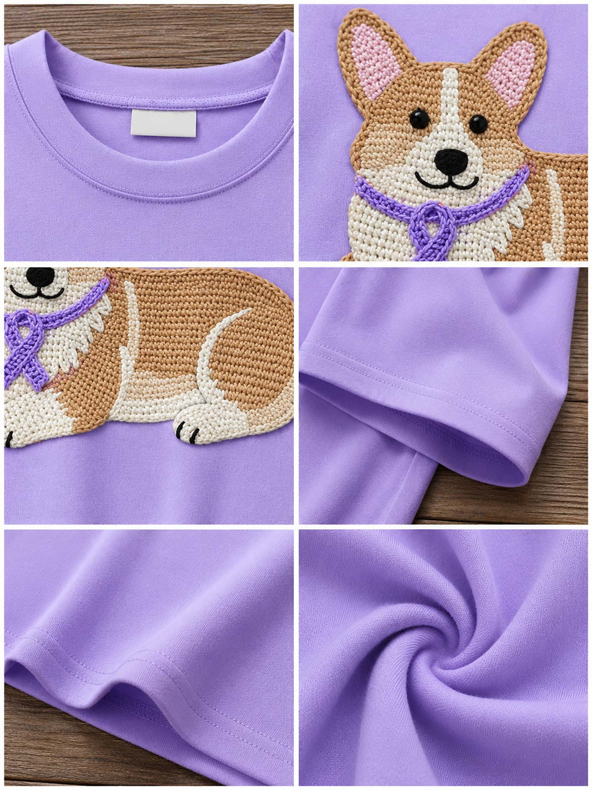 A purple crewneck t-shirt featuring a large embroidered corgi design on the front, shown in a six-panel collage highlighting the neckline, the dog embroidery, the sleeve, and the fabric texture.