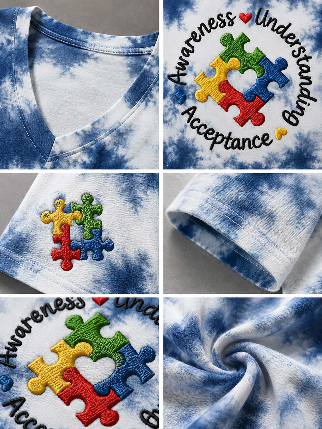 A woman wearing a blue and white tie-dye V-neck t-shirt with a colorful puzzle piece graphic and the words 'Awareness Understand Acceptance' on the front, paired with light-wash denim jeans.
