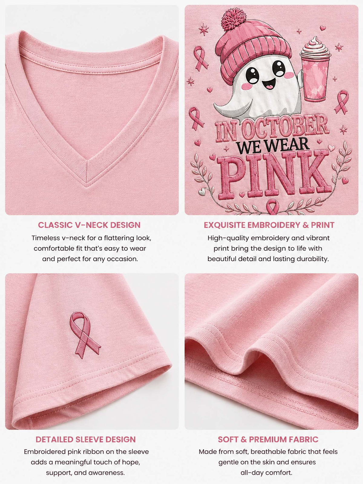 A four-panel product showcase of a light pink V-neck t-shirt. The top-left panel shows the classic V-neckline.