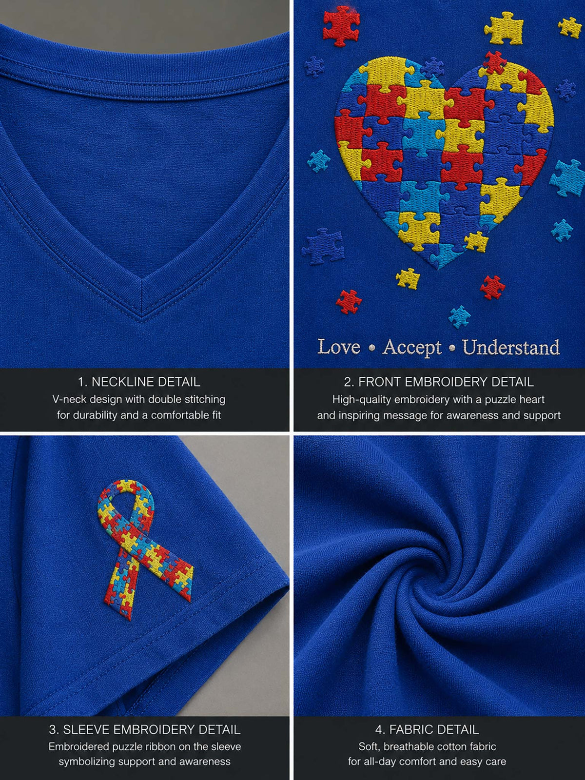A four-panel product detail collage showing a royal blue V-neck shirt: neckline detail, front embroidery with a multicolor puzzle-heart motif and the words 'Love • Accept • Understand,' sleeve embroidery detail, and fabric texture.