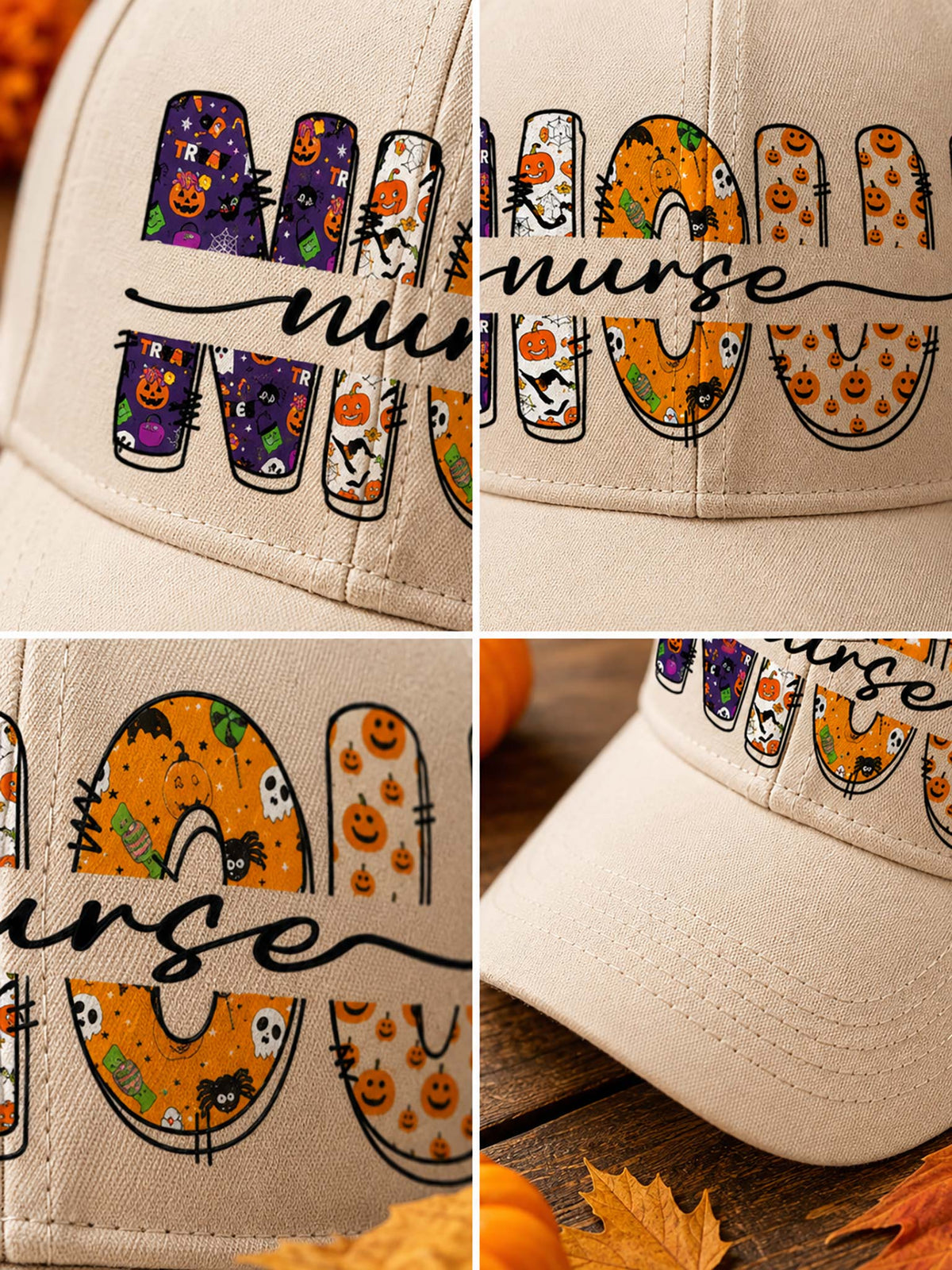 A collage showing a beige baseball cap from multiple angles, featuring a Halloween-themed 'Nurse' graphic with orange pumpkins, purple patterned letters, black script text, and small cat and spider motifs.