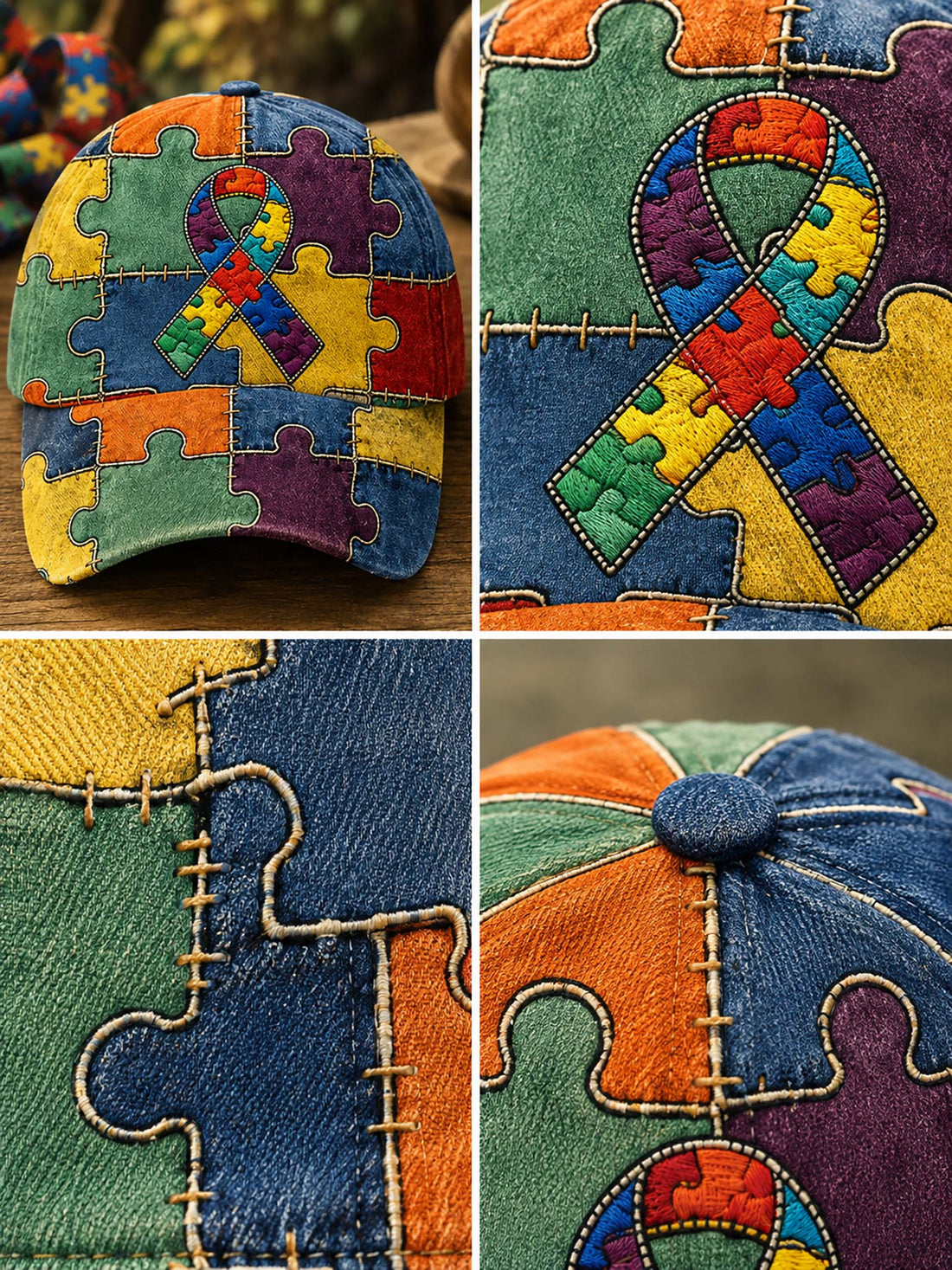 Colorful puzzle-patterned cap with an autism awareness ribbon on a wooden surface with a blurred natural background.