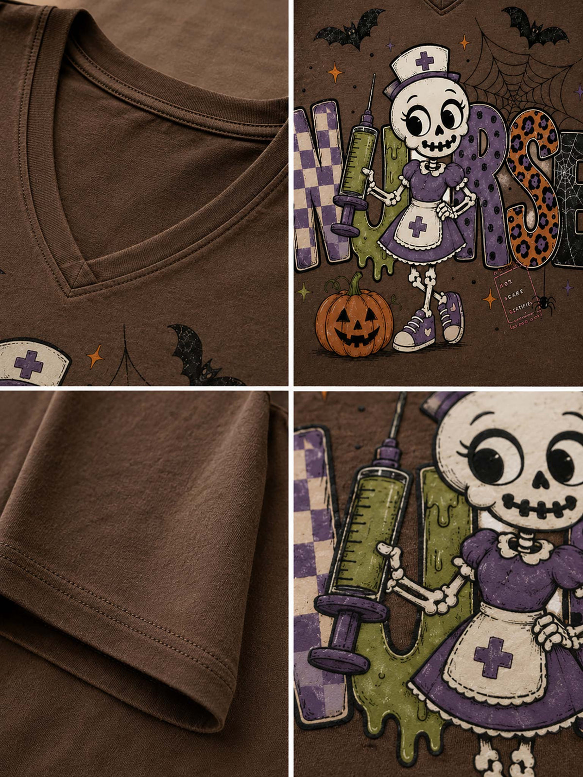 A brown V-neck t-shirt with a Halloween-themed graphic print featuring a cartoon skeleton nurse, a jack-o'-lantern, bats, and spiderwebs, shown in a four-panel detail collage highlighting the fabric and print.
