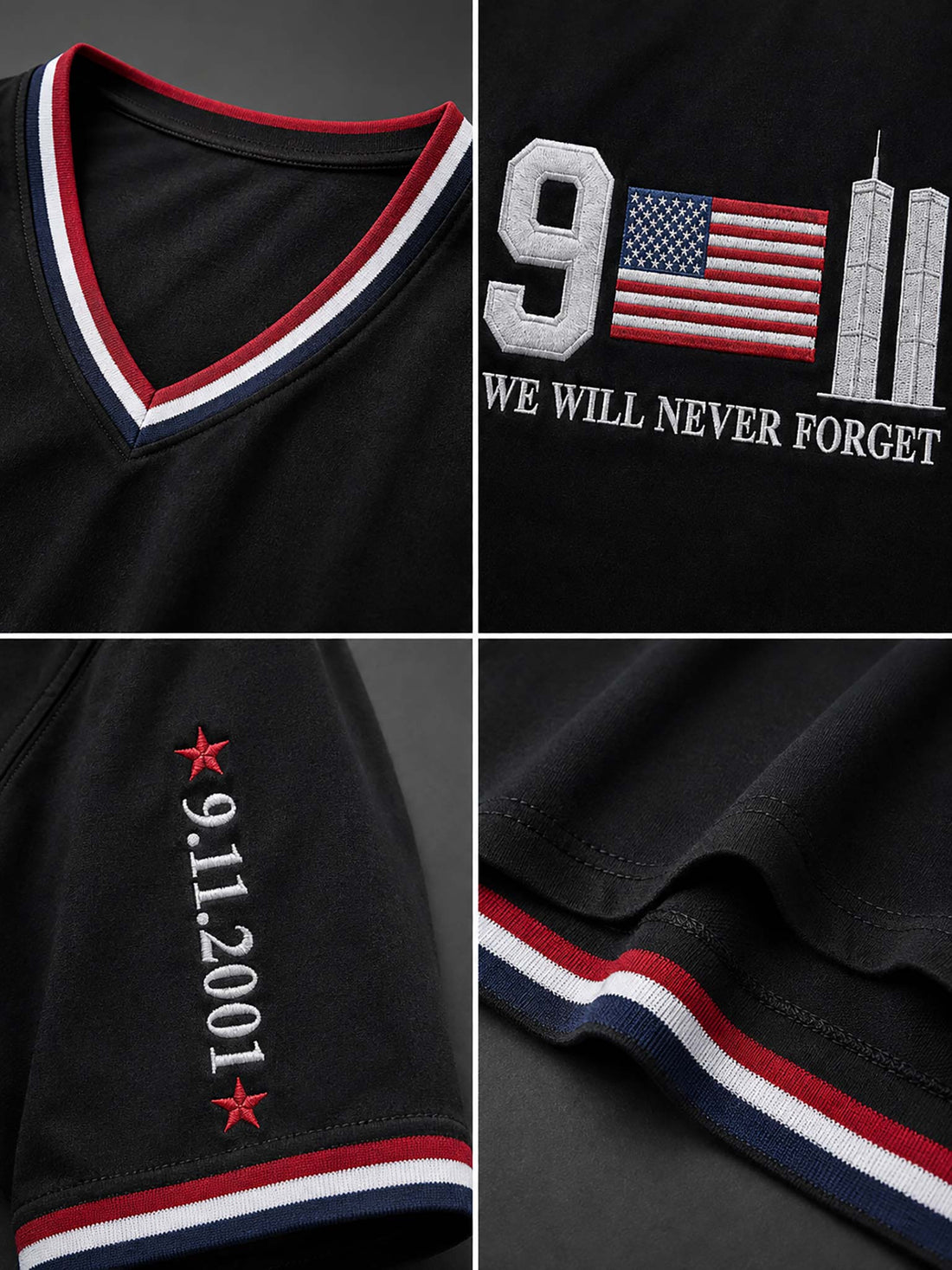 A black short-sleeve V-neck T-shirt with red, white, and blue trim, featuring a '9/11' memorial graphic with the American flag and the text 'WE WILL NEVER FORGET' on the front. The shirt is displayed on a wooden hanger with distressed denim shorts against a dark gray studio background.