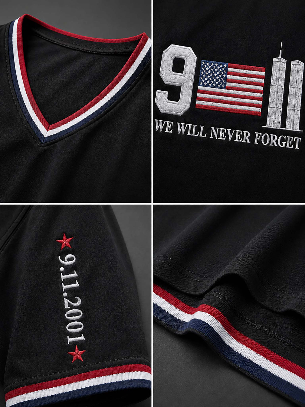 Black V-neck t-shirt with red, white, and navy blue striped trim, featuring a '9-11' memorial graphic with an American flag and the text 'WE WILL NEVER FORGET' on the chest, and '9.11.