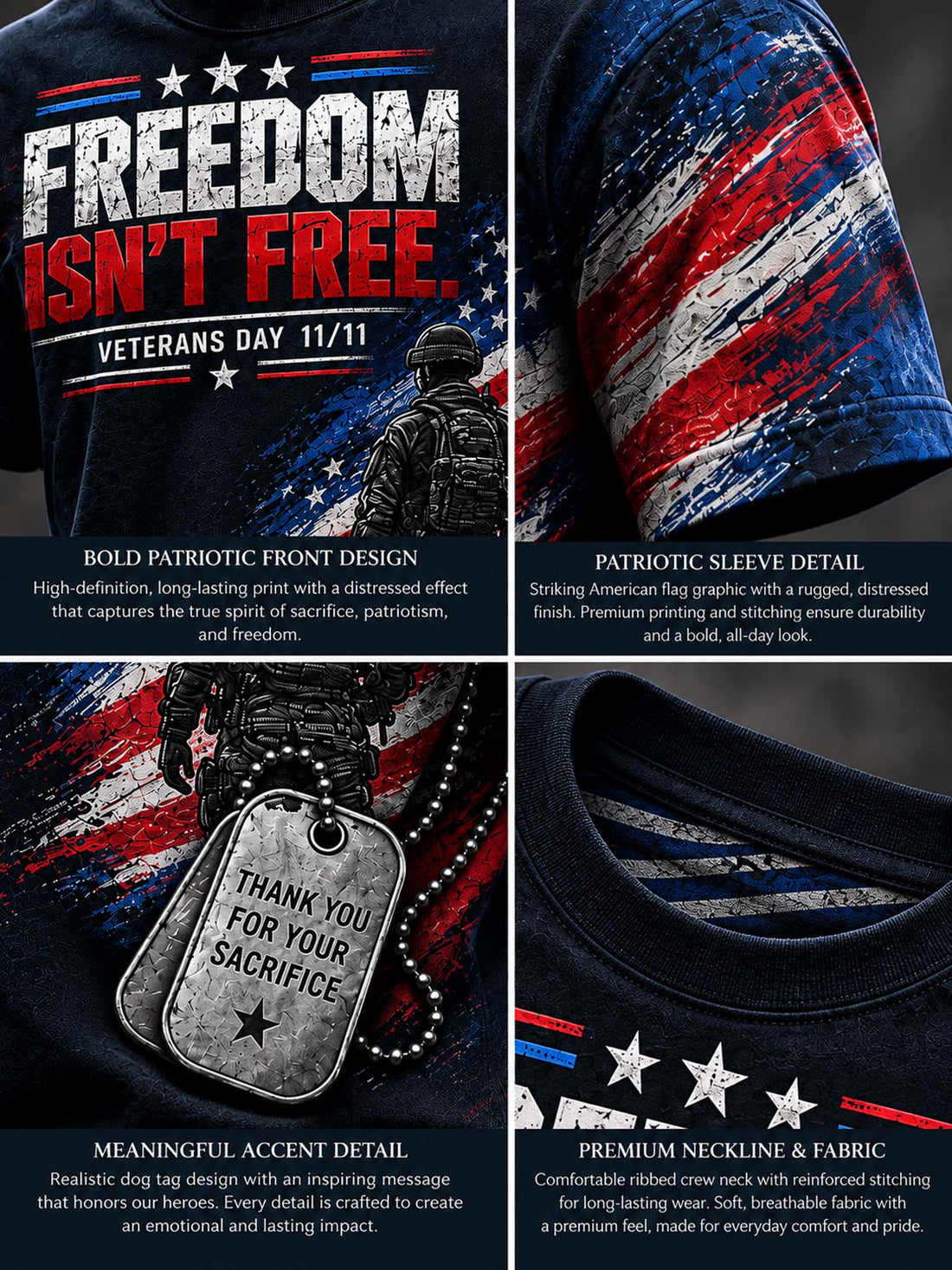 A dark navy blue graphic t-shirt featuring a distressed American flag design, a soldier silhouette, and a dog tag with the text 'THANK YOU FOR YOUR SACRIFICE' and 'VETERANS DAY 11/11'.
