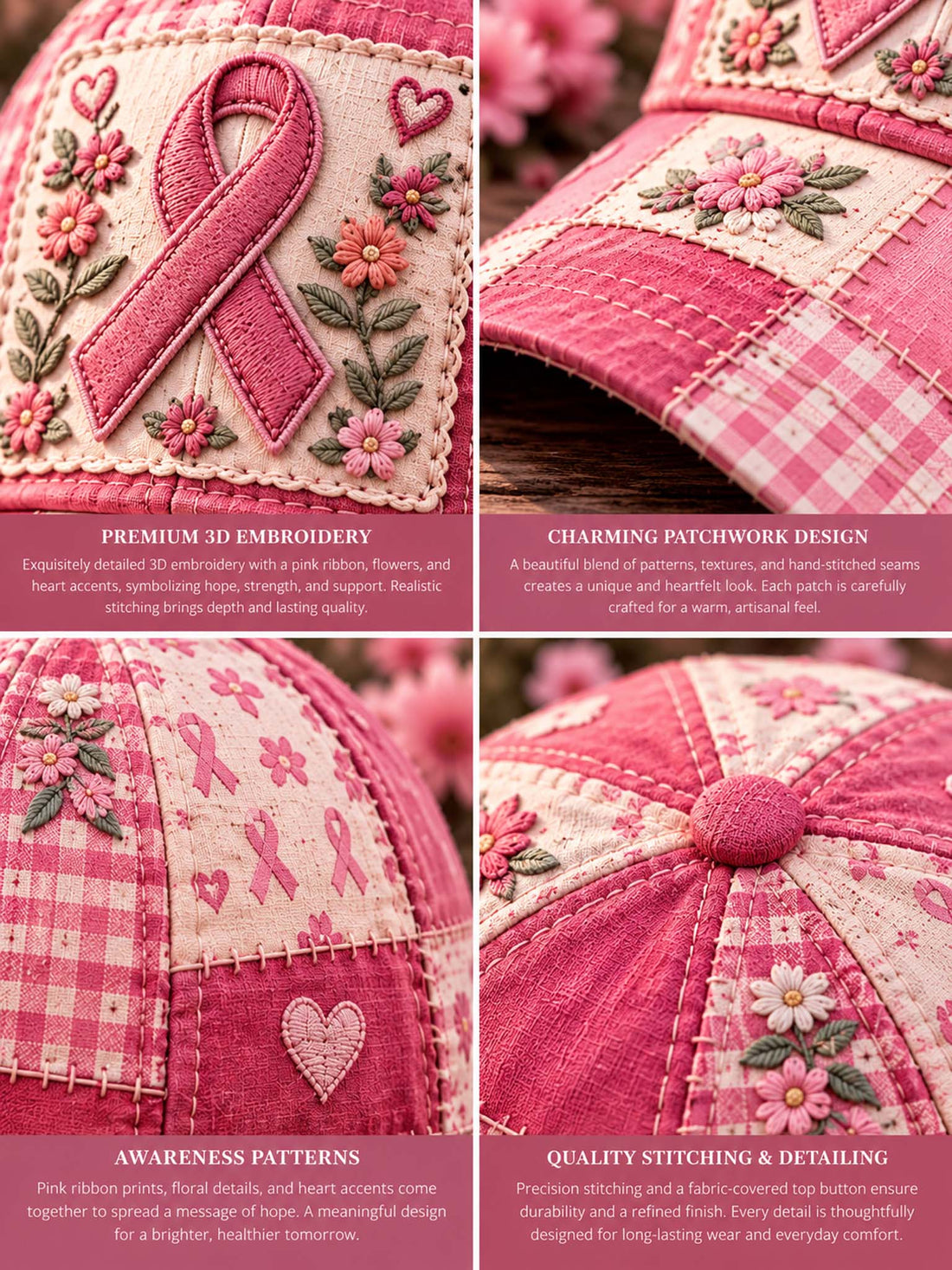 A pink and white patchwork baseball cap with floral embroidery and a central pink ribbon applique, displayed on a wooden surface with pink flowers, ribbons, and supportive sign props.