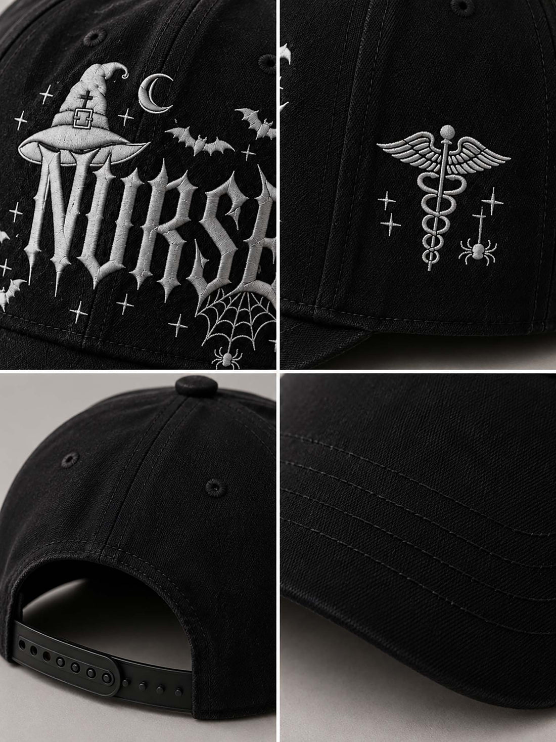 A woman wearing a black waffle-knit crewneck sweater with a gothic 'NURSE' graphic featuring a witch hat, bats, spiderwebs, and a caduceus symbol on the sleeves, paired with dark blue jeans.