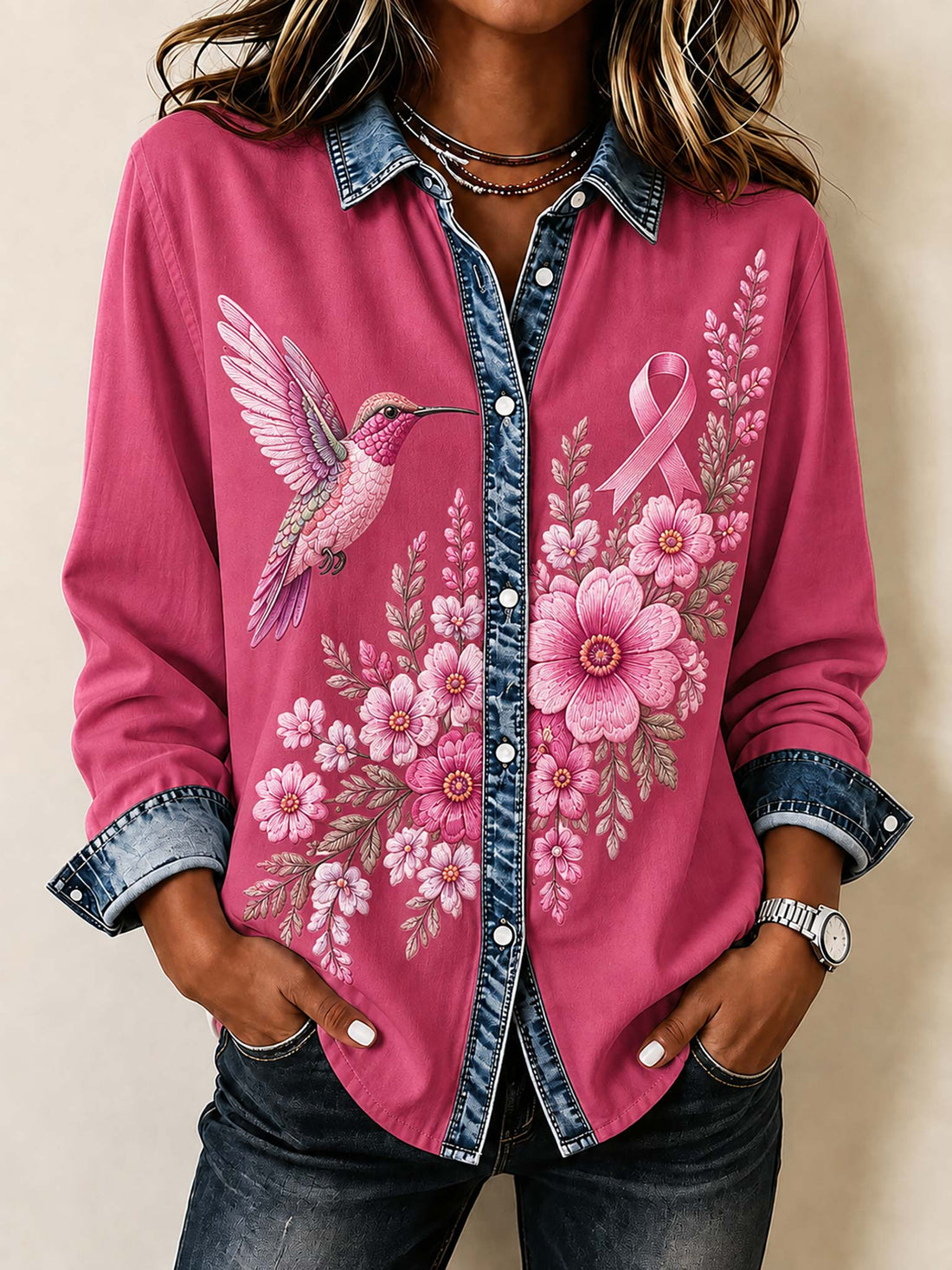 A woman wearing a pink button-up shirt with a denim collar and cuffs, decorated with a pink ribbon, a hummingbird, and pink flowers. She is also wearing dark wash jeans and a silver watch.
